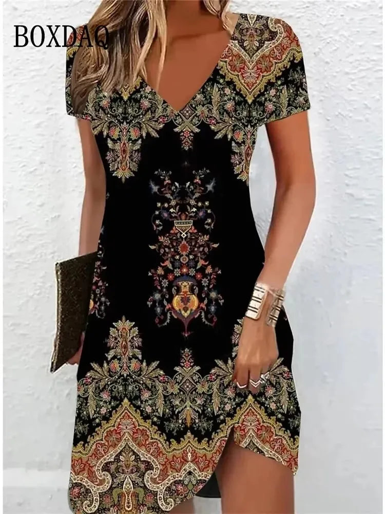 Women'S'S Casual Sundress Loose Summer Boho Beach Dress Floral Printed For Women'S Dress Retro V Neck Short Sleeve Plus Size Dresses
