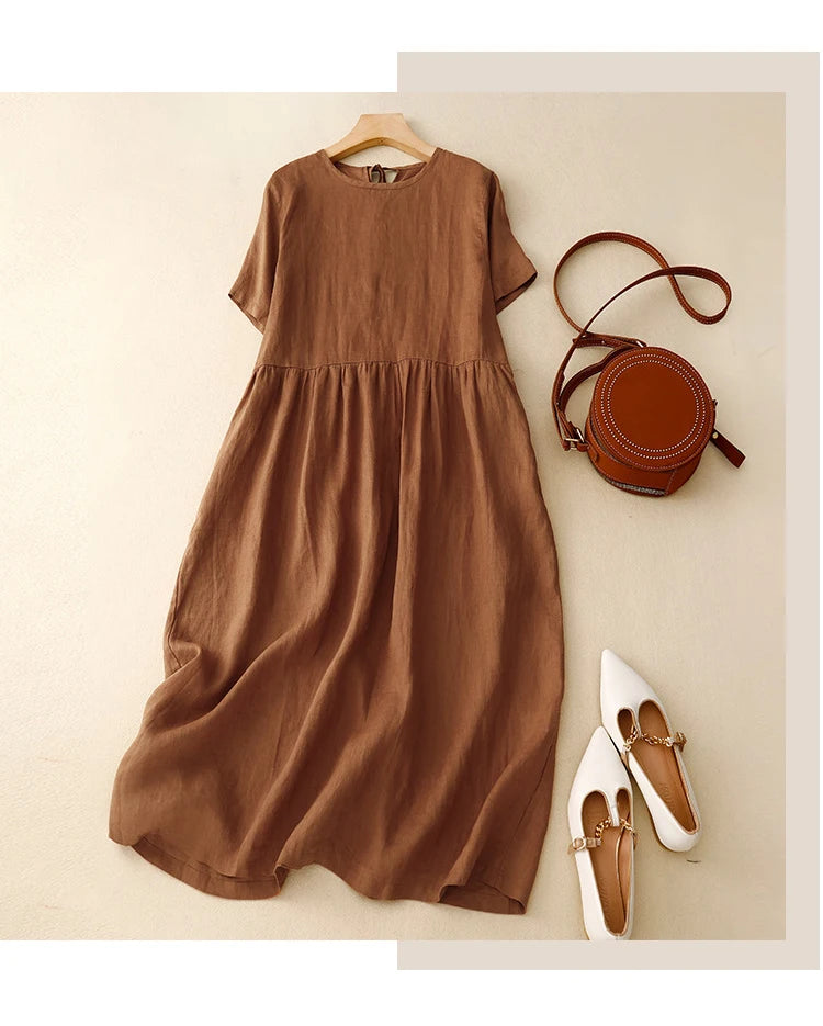 Korean Style Summer Fashion Solid Color Simple Basic Cotton Linen Dress for Women Good Quality Half Sleeve Elegant Frock Female