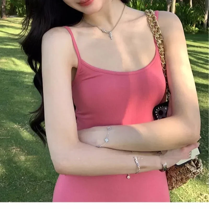 New Summer Sexy Celebrity Style Solid Color Dress for Women with Suspender Long Dress Slim Fit Temperament Vacation Casual Dress