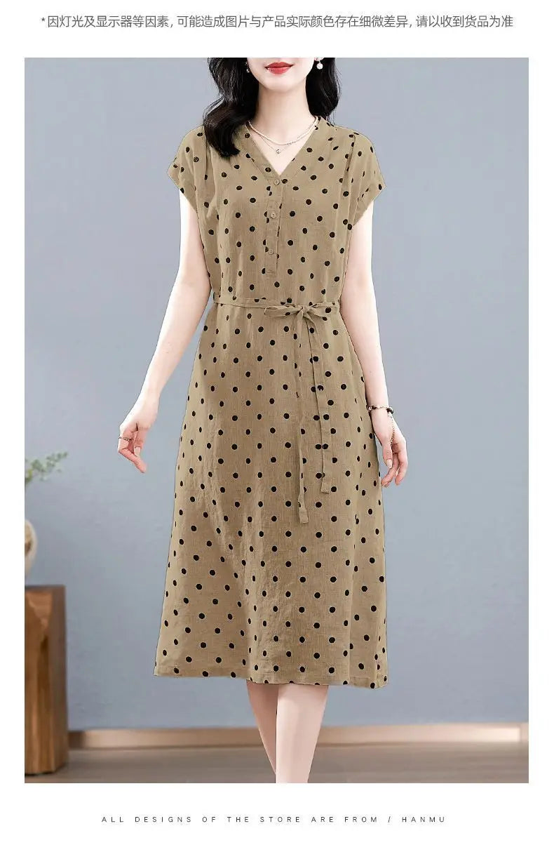 Cotton and Linen Dress French Polka Dot Print Fashion Long Skirt Summer New V-neck Casual Lace-up A-line Skirt