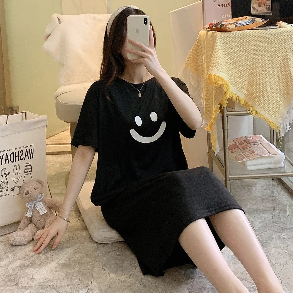 Summer Women Nightgown Lady Casual Short-sleeve Long Dress Loose Girl Loungewear Student Dress Outside Woman Casual Home Dress