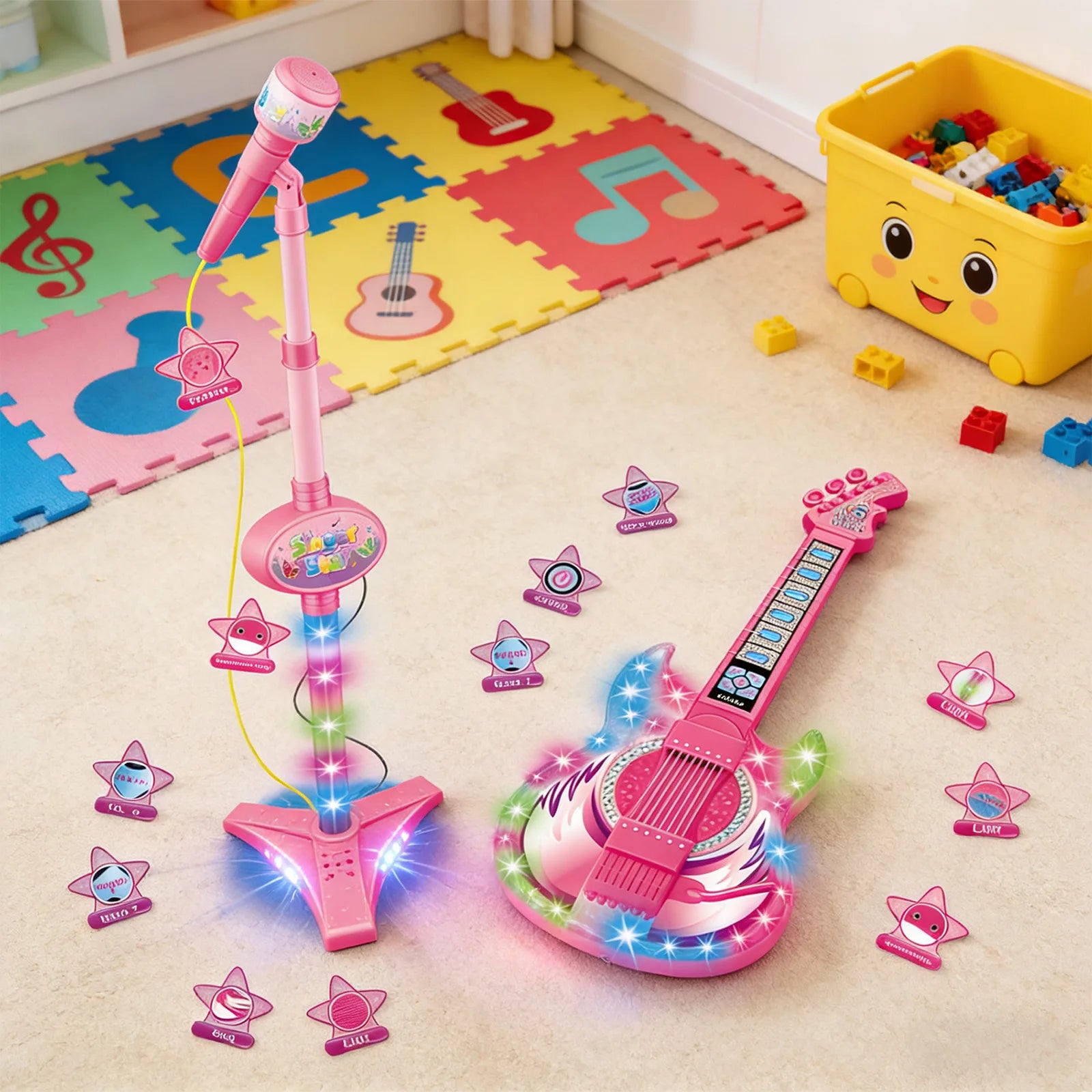 Karaoke Electronic Machine Children's Electric Light Multi-functional Guitar Instrument Set with Microphone Toys for Boys Girls