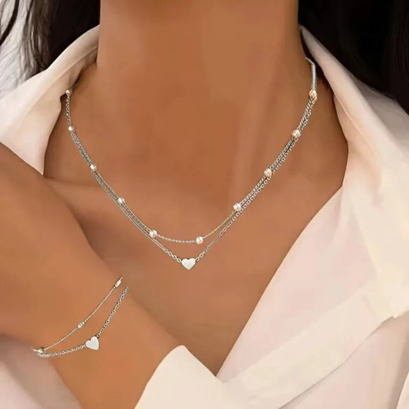 Fashion Imitation Pearl Heart Jewelry Set For Women'S Gold Silver Color Round Beads Necklace Bracelet Set Daily Wear Accessories