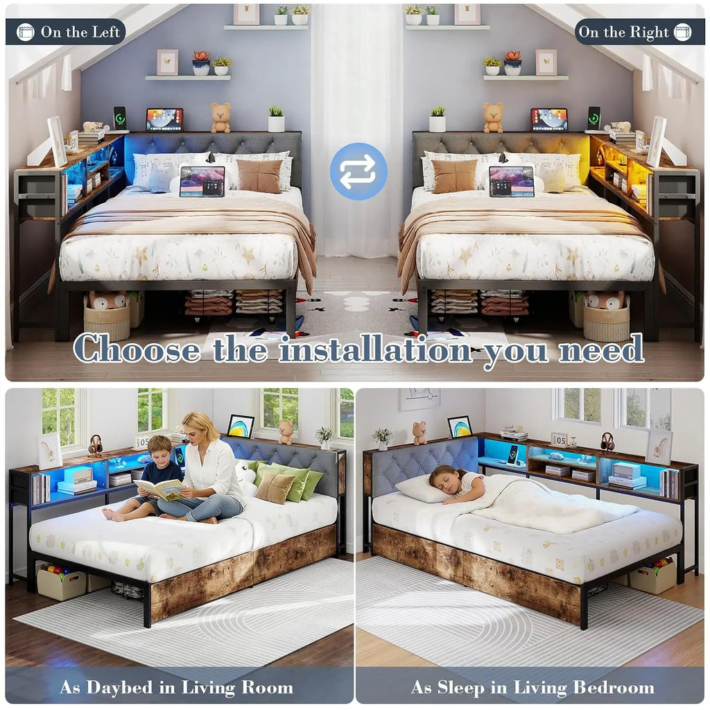Twin Size Corner Bed Frame with Storage Bookcase and Headboard, Metal Platform Twin Bed with LED Lights and, Customized