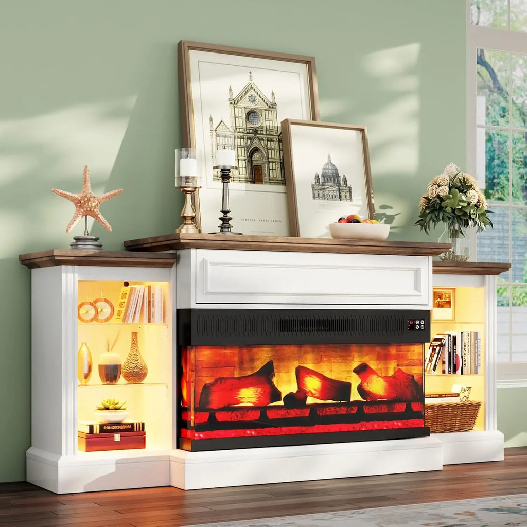 70" Electric Fireplace with Mantel, Farmhouse 3-Sided Fireplace TV Stand for TVs up to 75 Inch, Entertainment, Customized