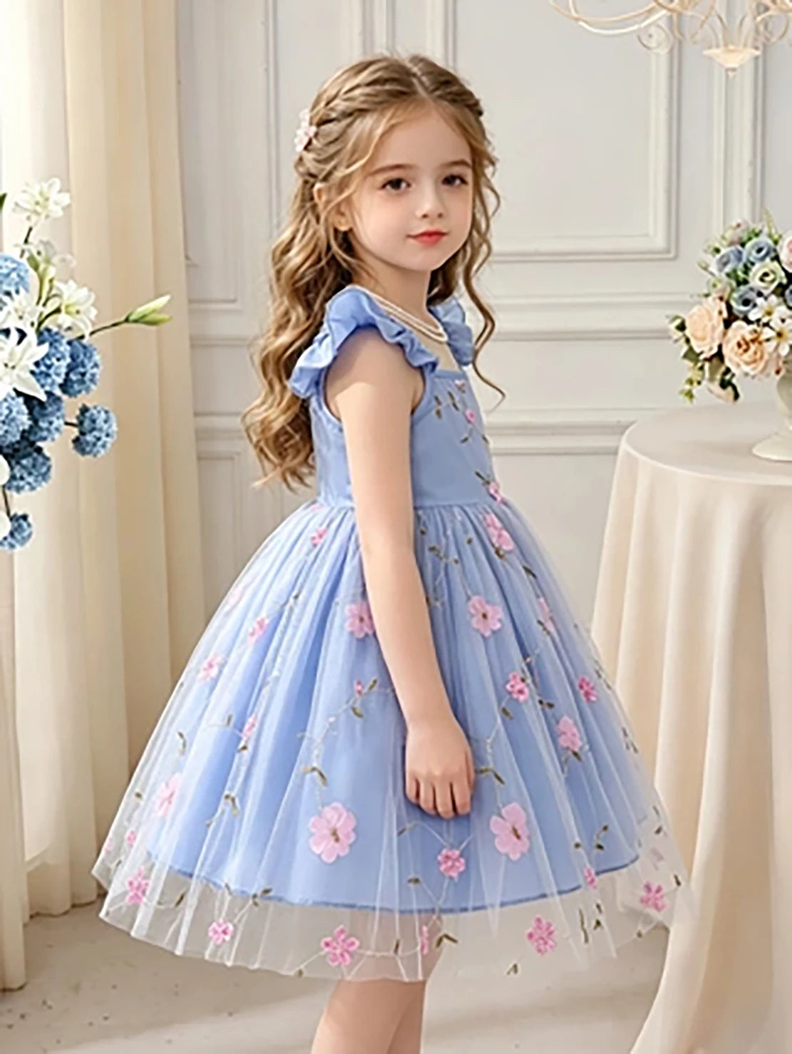Girls' Blue & Pink Contrast Floral Tulle Princess Dress, Summer Flutter Sleeve Spaghetti Strap Puffy Skirt