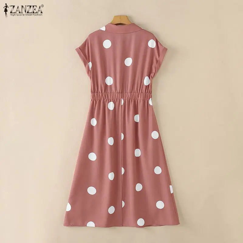 ZANZEA Women Polka Dots Midi Dress Casual Turn-Down Collar Cap Sleeve Half-Button Elastic Waist A-Line Dresses Commute Robes
