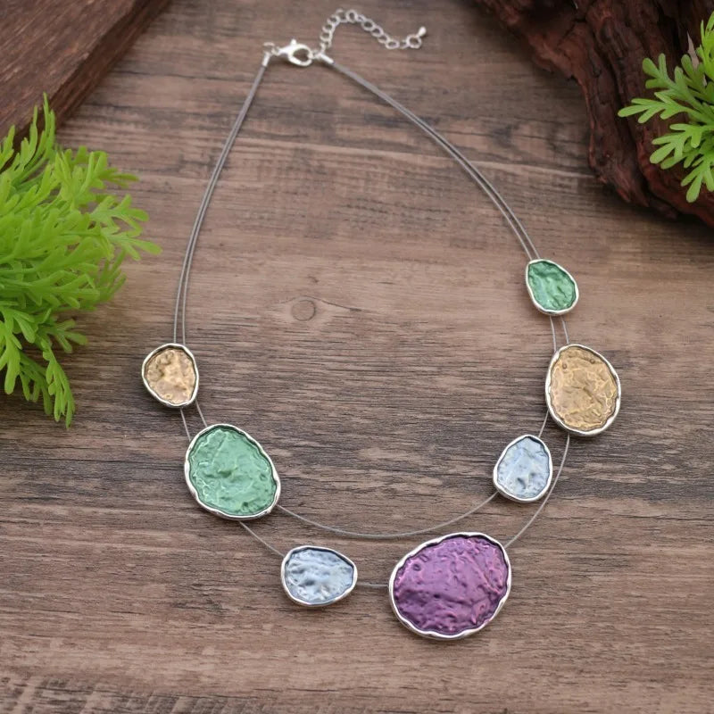 Bohemian Irregular Enamel Necklace Rose Gold Plated Multicolored Disc Double-Layer Necklace Adjustable Chain Jewelry Gift