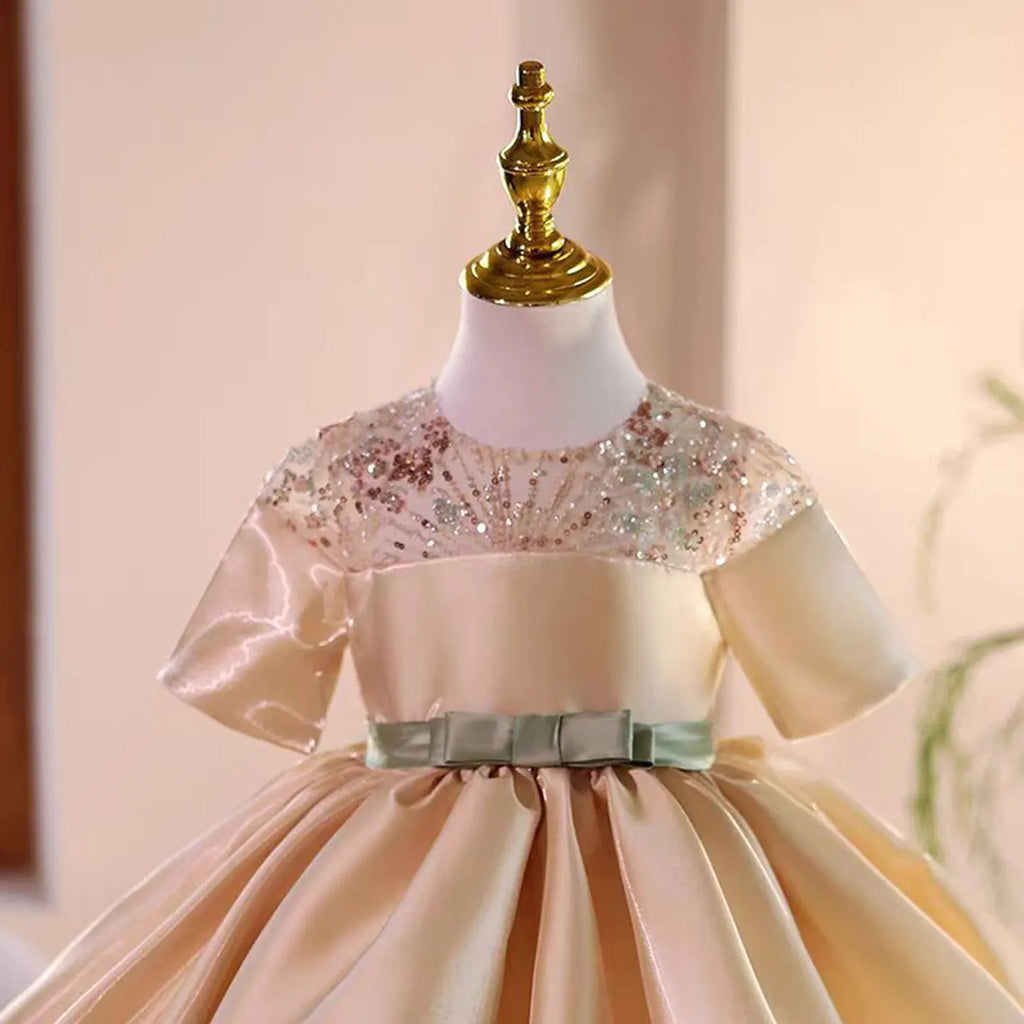 Dreamy Vow D035 Shiny O-Neck Beading Tulle Pink Flower Girl Dress Short Sleeves for Kids Wedding Birthday Party Short Ball Gown