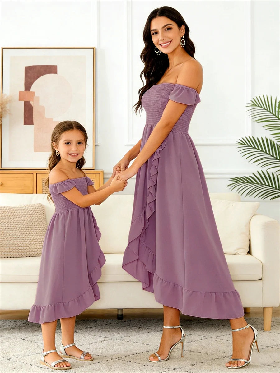 Mother and Daughter Matching Dress 2021 Summer Family Clothes Off Shoulder Short Sleeve Ruffle Dress Mommy and Me Dress Outfits