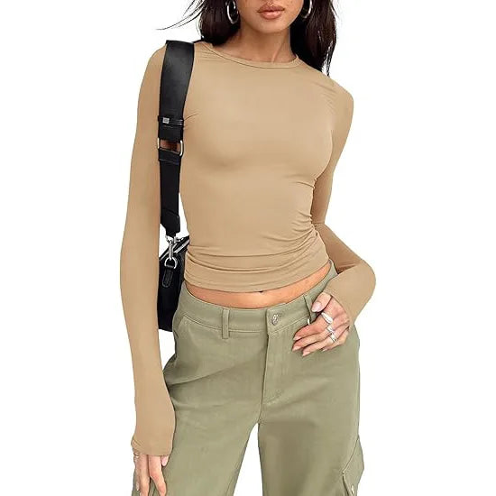 1pcs Woman Clothing Long Sleeve T-shirt Slim Fit Top Female O-Neck Knitted Sheath Tee Shirt Street Wear Sexy Sport Solid Tshirt