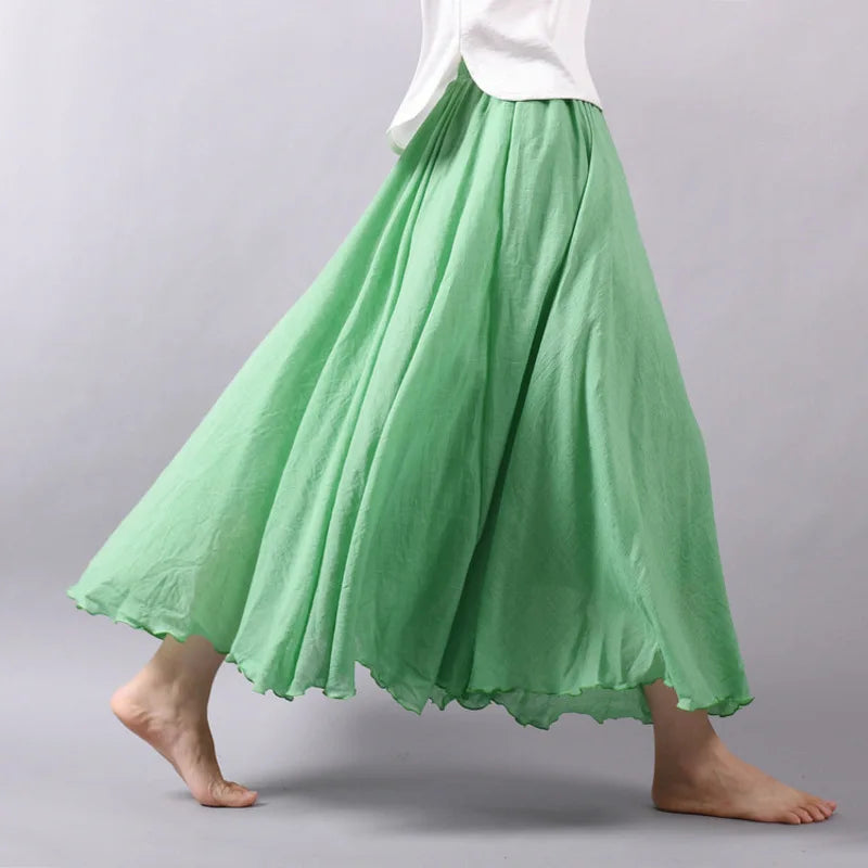 New In 2026 Spring Summer Woman Cotton Linen Midi Skirt Solid Color Loose Flared Pleated A-line Skirt Female Sweet Elegant Skirt