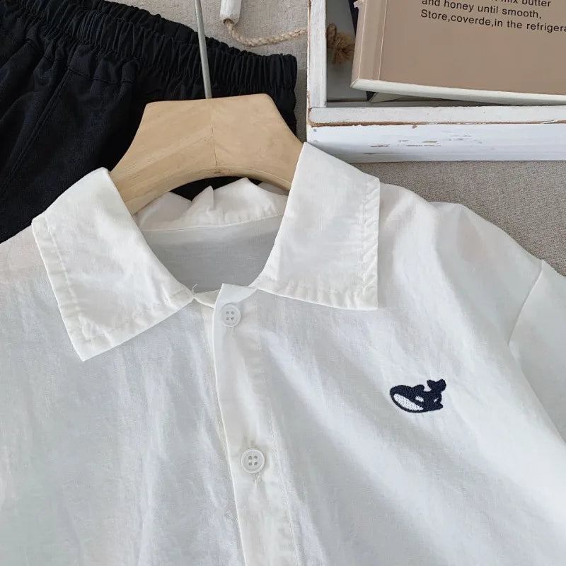 2-7Y Kids' shirts Small fish embroidery striped Boys Cardigan cotton turn-down collar Children's long sleeve shirt