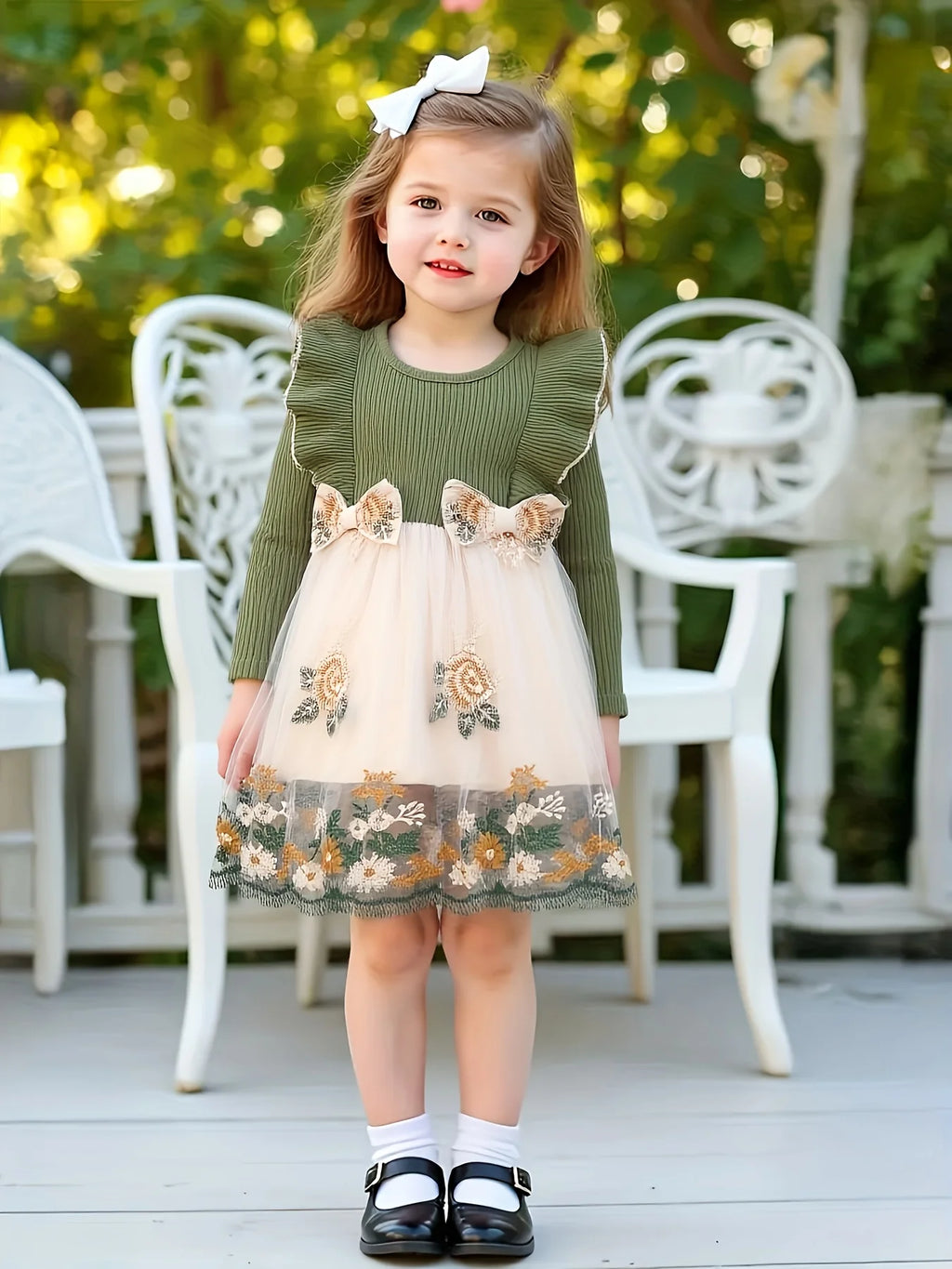"Girls' Forest-Style Knit Dress | Olive Green Ribbed Top with Tulle Skirt - 3D Bows & Embroidered Floral Princess Dress"