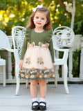"Girls' Forest-Style Knit Dress | Olive Green Ribbed Top with Tulle Skirt - 3D Bows & Embroidered Floral Princess Dress"
