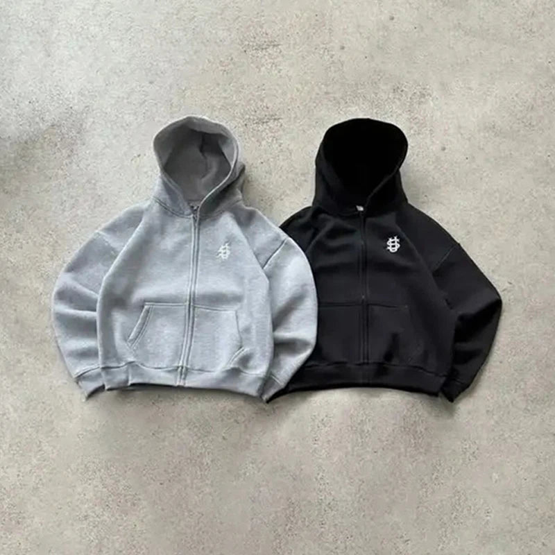 Y2k High Street Zip Embroidery Pattern Men's Hoodies Oversized Loose Sweatshirts Pullover Women Hip Hop Zip Hoodie Vintage Pants