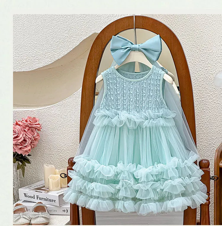 New Summer Baby Girls Sleeveless Tulle Princess Party Dress Layered Ruffle Fluffy Tutu with Large Back Bow Party Wedding P2516