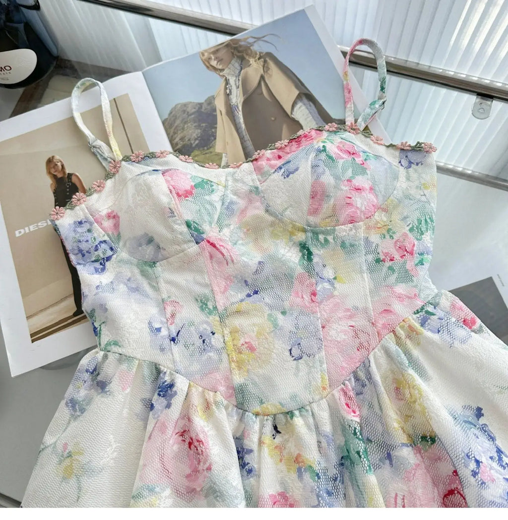 Sweet Pure Desire Style Women's Floral Print Halter Dress Slimming Waist Design Casual Summer Polyester Fiber Gown