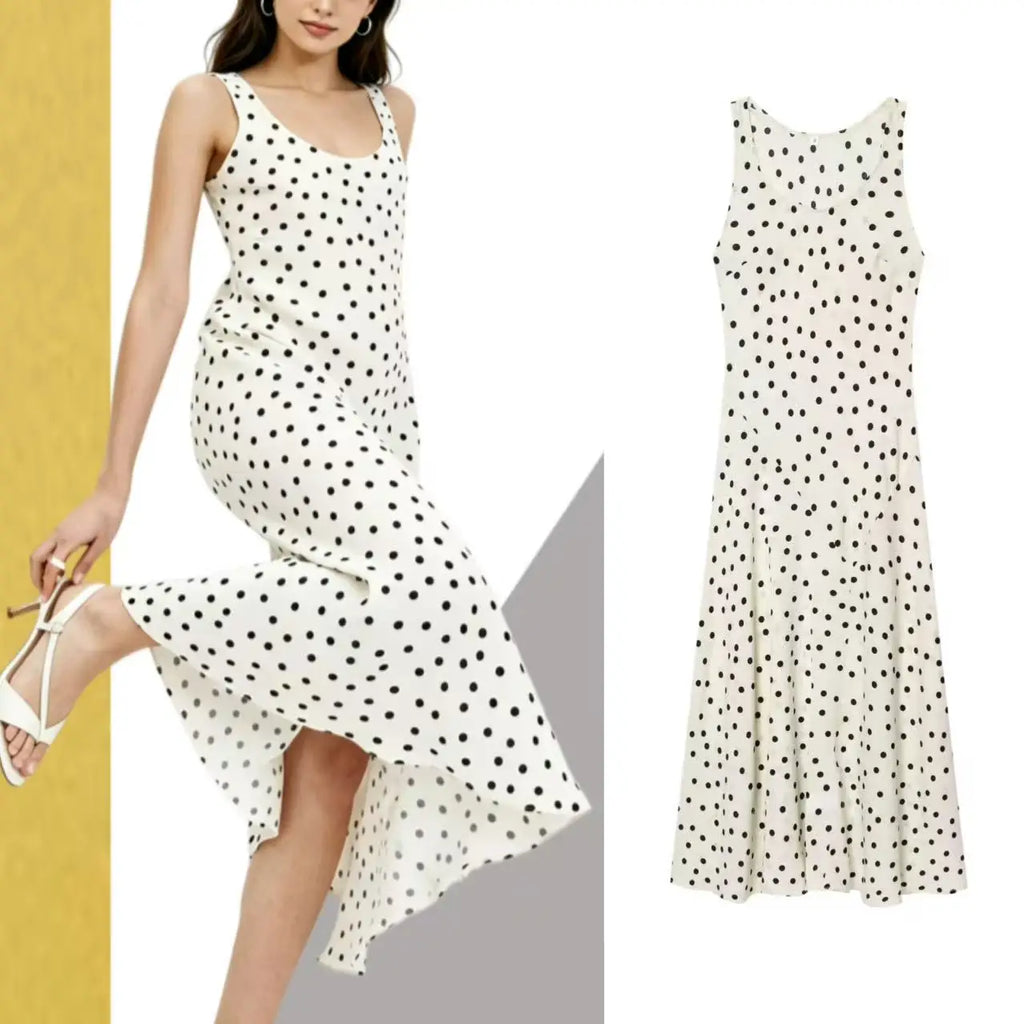 2026 Summer New Women's Fashion Sleeveless Waist-Slimming Polka Dot Print Vest Dress Vacation Style Camisole Mid-Length Dress
