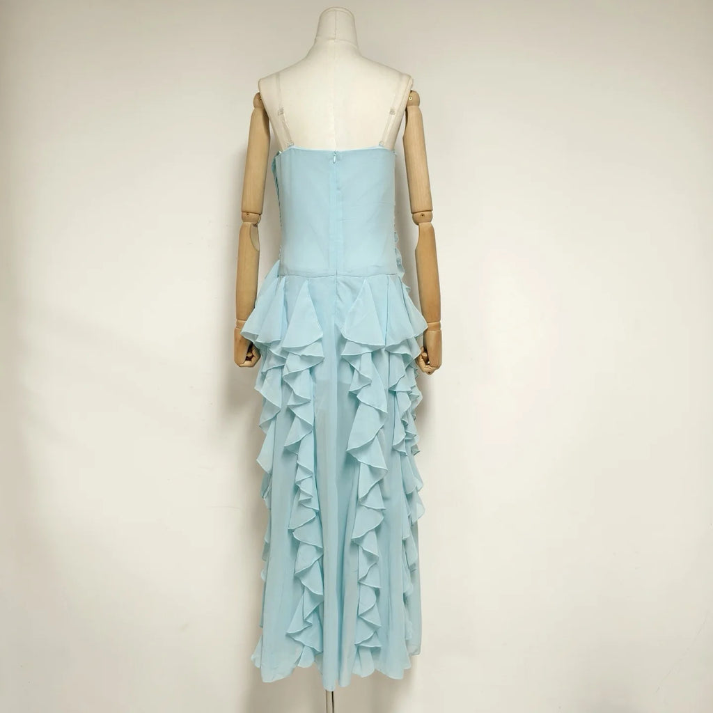 2026 Summer American Elegant Temperament Fashion Ruffled Splicing Sleeveless Strapless Irregular Split Chiffon Long Dress Women