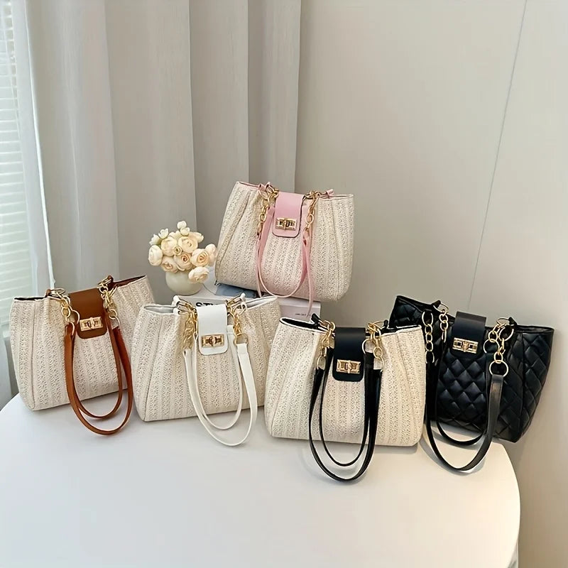 Grass Woven Patchwork Leather Korean Version Shoulder Bag Fashionable Women's Woven Handbag Suitable for Beach Parties Occasion