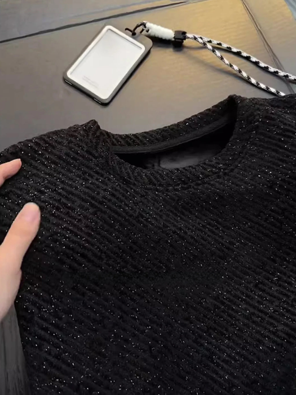 Black round Neck Long Sleeve Sweatshirt Men's Autumn Winter Heavyweight Base Layer Shirt Tianxing Comfortable Casual Style