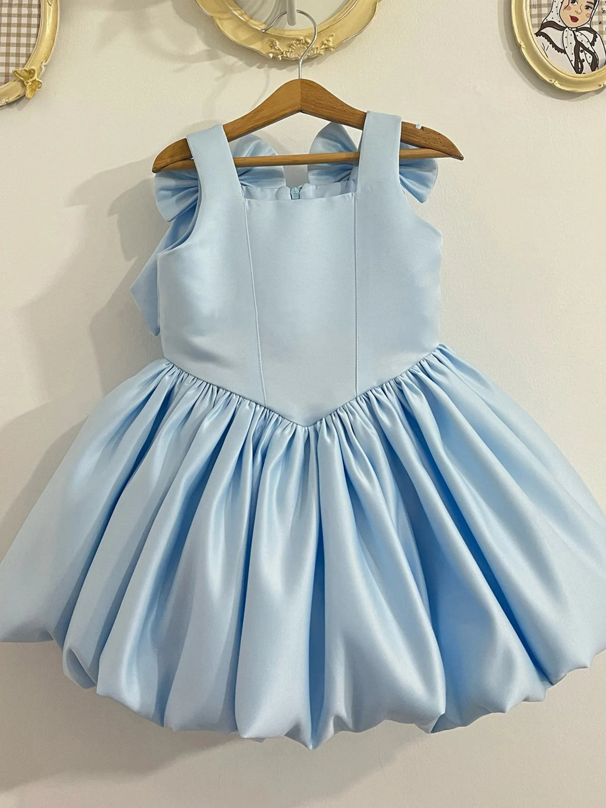 HETISO Girls Elegant Satin Vintage Dresses Cute Solid Pink Sky Blue Flower Kids Birthday Holiday Wedding Party Ball Gown