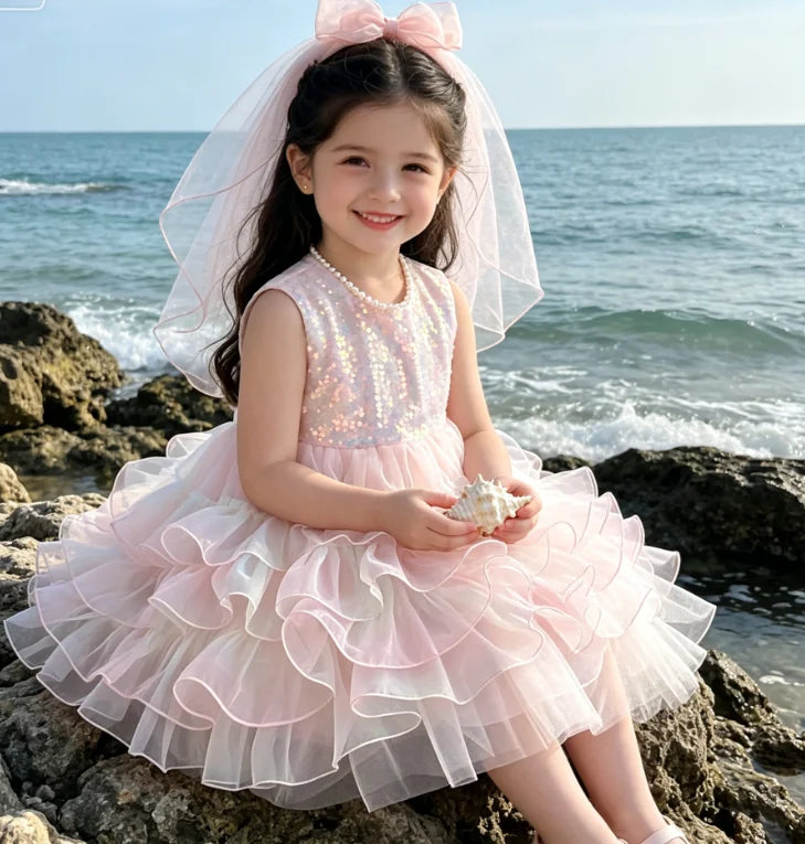 Girls Dress 2026 Spring Summer New Children's Clothing Korean Style Girl Baby Sweet Sequin Cake Princess Dress with Veil
