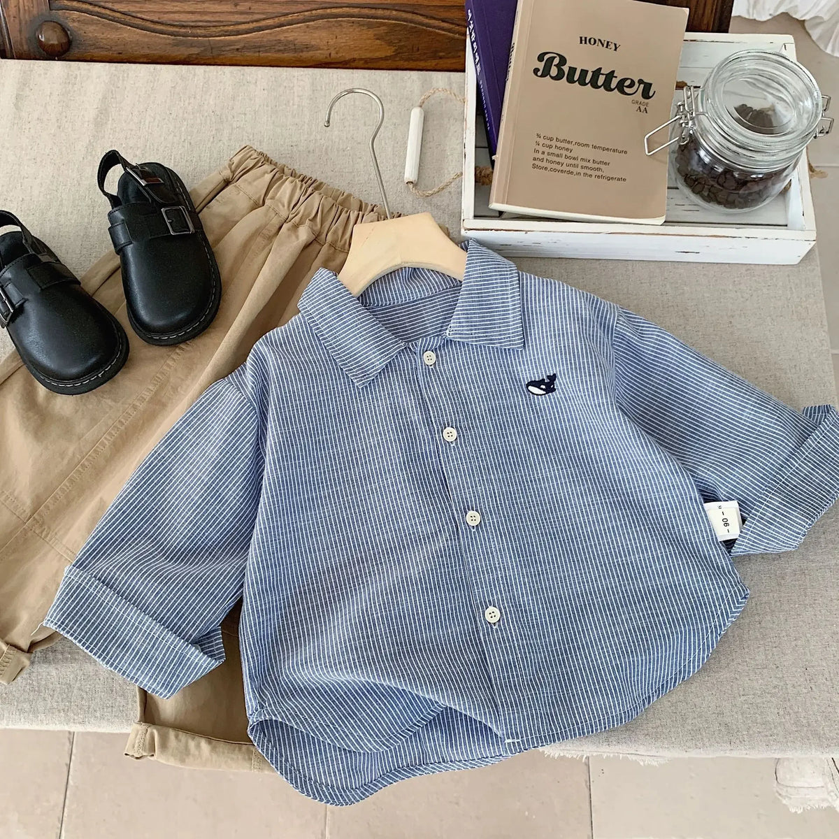 Boys' Striped Long Sleeve Shirt - Cotton Turn-Down Collar 2-7Y