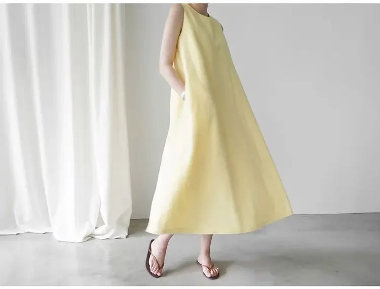 Korean Fashion Women Dress Casual Round Neck Loose Solid Color Casual Big Swing Sleeveless Long Linen Lazy Style Vestidos