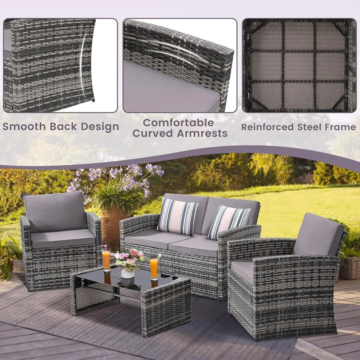 4-Piece Patio Furniture Set, Wicker Outdoor Rattan Sectional Sofa with Cushions and Glass Table, All-Weather Outdoor Conversatio