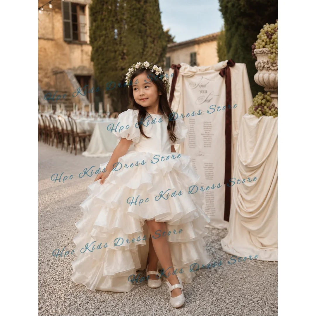 Custom White Tiered Tulle Flower Girl Dress Wedding High-Low Puff Sleeve Gown for  Birthday Party Kids Formal Wear