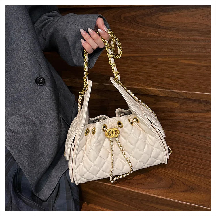 Quilted shoulder underarm bag, large-capacity hobo bag, bucket drawstring chain crossbody bag, women's handbag