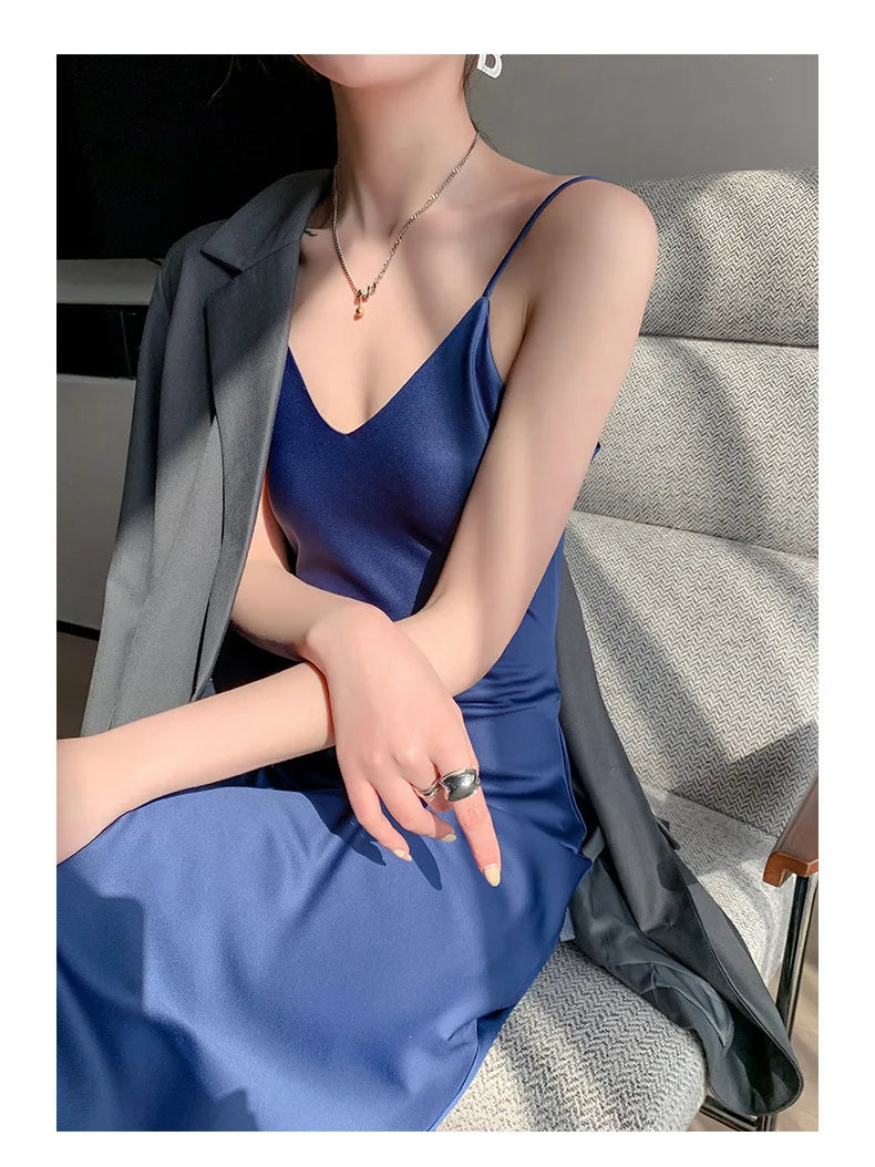 Sexy Solid Color Camisole Nightgown for Women Midi Length Sleeveless Slip Dress Inner Layer Base Dress Home Sleepwear Nightwear