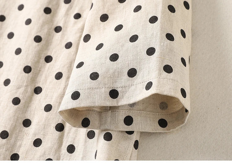 Summer Vintage Polka Dot Cotton Lin Short Sleeve Women's Dress Loose Slimming Gown Side Buttoned Midi Skirt A-Line Dress