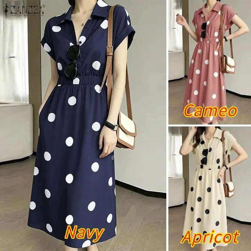 ZANZEA Women Polka Dots Midi Dress Casual Turn-Down Collar Cap Sleeve Half-Button Elastic Waist A-Line Dresses Commute Robes