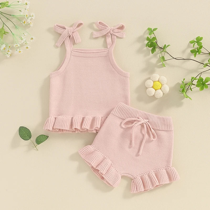 2024-01-15 Lioraitiin Newborn Baby Girl Outfits Knit Solid Color Sleeveless Cami Tops With Elastic Waist Shorts 2Pcs Clothes Set