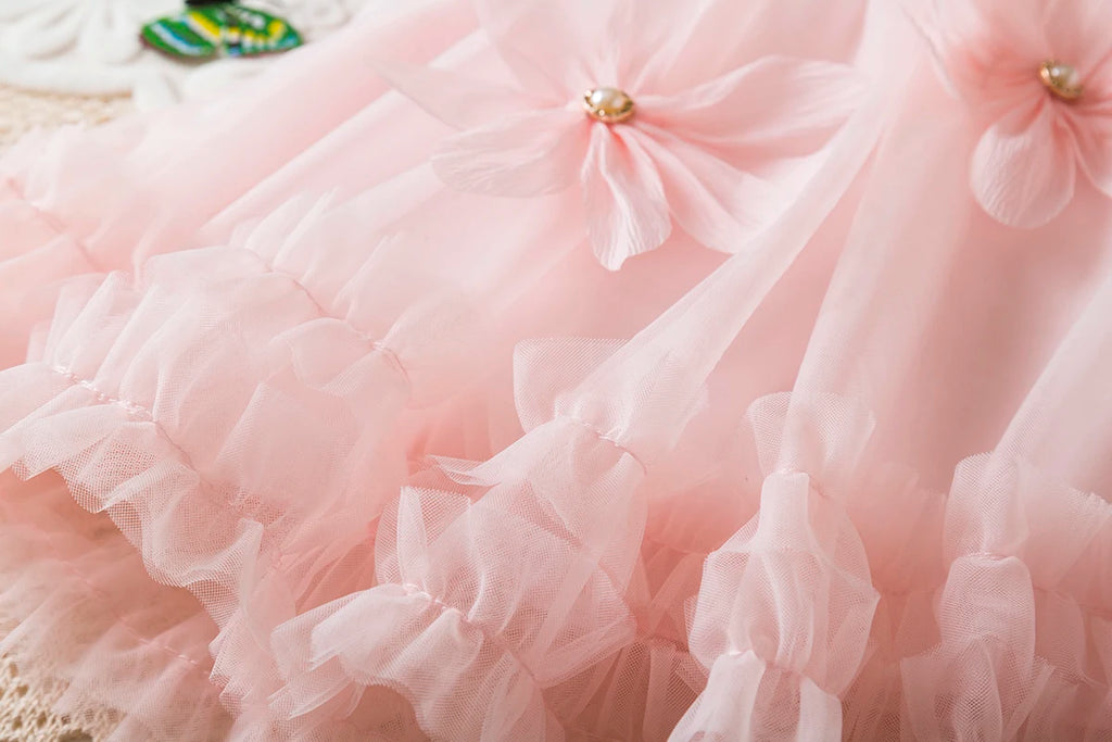 Toddler Girl Princess Dress Pink Flower Decorated Sleeveless Gauze Dress Elegant Girl Wedding Party Dress for Party