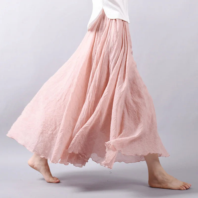 New In 2026 Spring Summer Woman Cotton Linen Midi Skirt Solid Color Loose Flared Pleated A-line Skirt Female Sweet Elegant Skirt