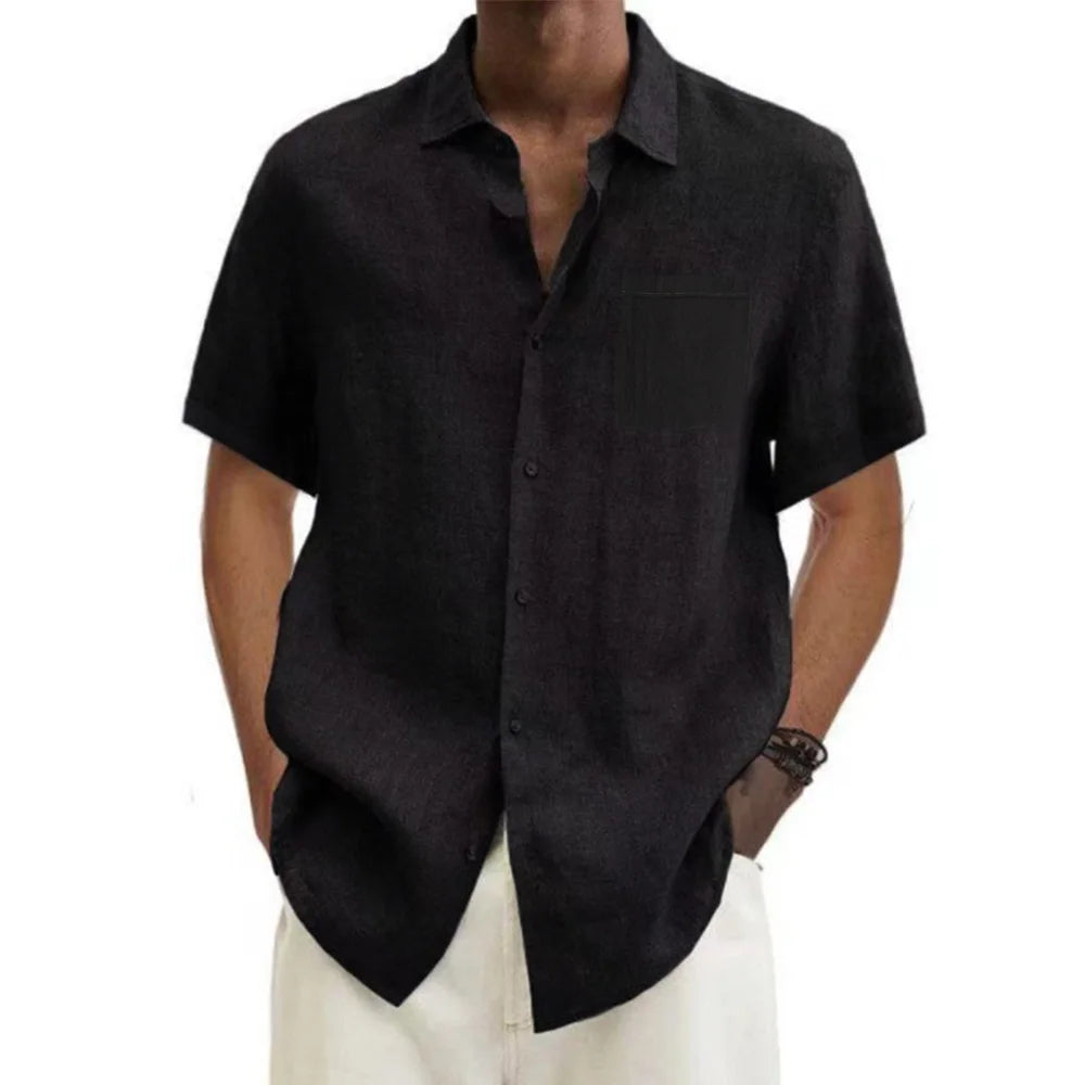 Men Cotton Linen  Men'S Short-Sleeved Shirts Summer Solid Color Turn-Down Collar Casual Beach Style Plus Size Tops
