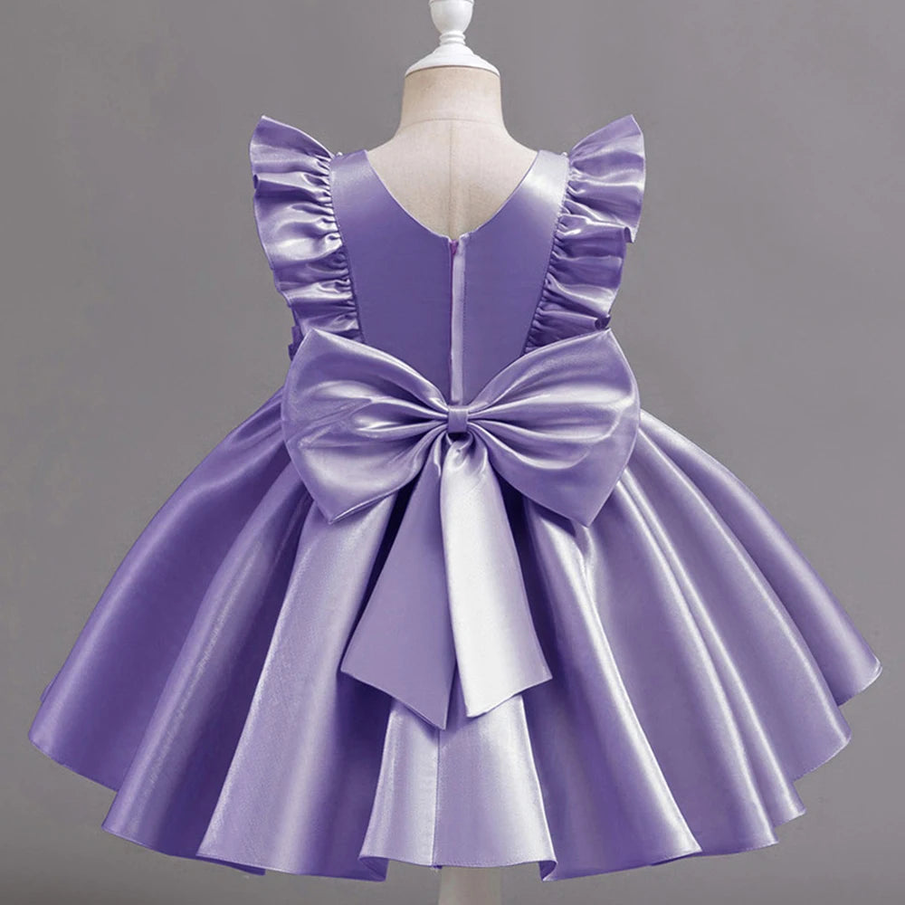 HETISO 1-6 Years Girl Princess Dress Ruffle Sleeve Kids Puffy Satin Dresses Children's Ball Gown for Birthday Holiday New Year