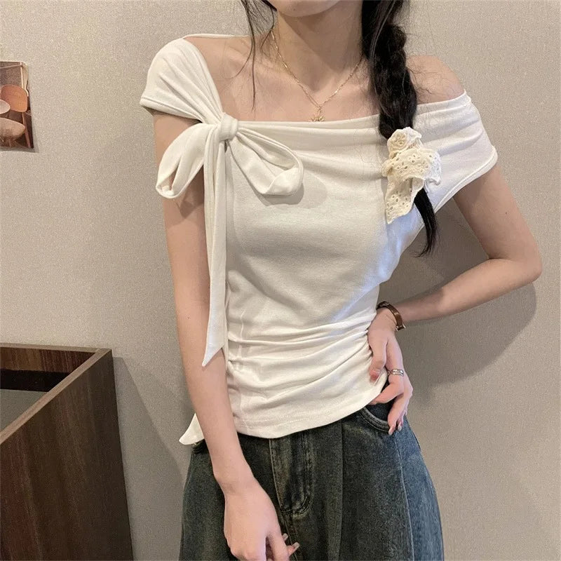 Sexy Spice Girl Shoulder Short Tshirt Women's Strap Slit Cleanfit Style Ladies' T-shirt Linen Fabric A-line Sleeve Other Mate...