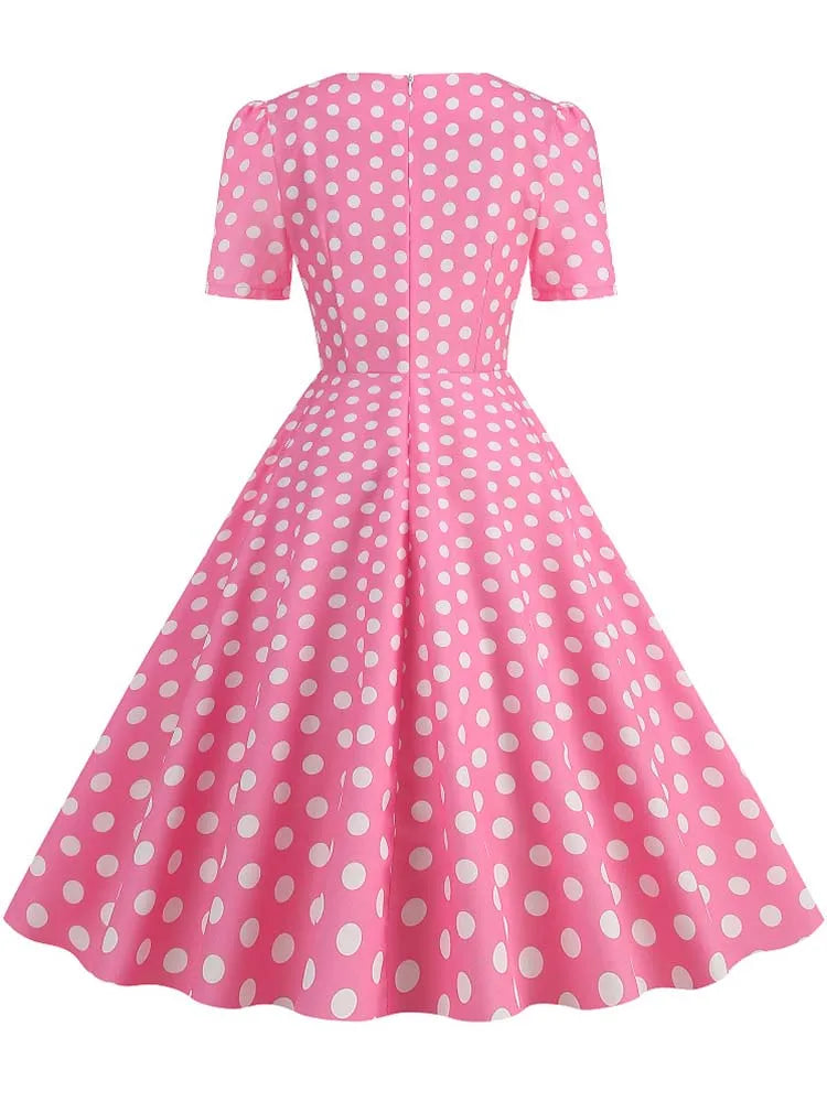 Pink Plaid Swing Party Dresses Women Elegant Vintage Square Collar Short Sleeve Casual Summer Dress