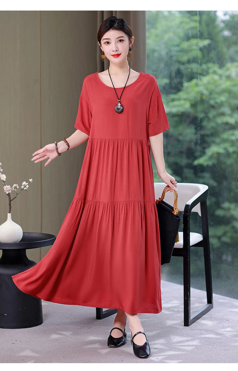 New Fashion 2023 Causal Summer Dresses For Women Loose Solid Long O-neck Dress Vintage Short Sleeve Womens Clothing