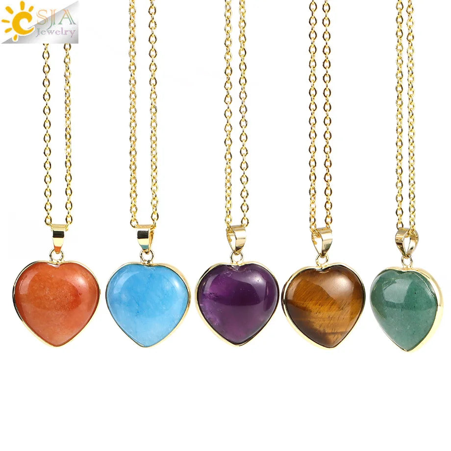 CSJA Heart Natural Stone Crystal Necklaces Pendants for Women Pink Quartz Clear Amethysts Healing Necklace Decoration H674