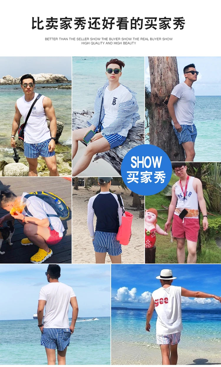 Men Clothing 2026 Beach Pants Men's Beach Vacation White Striped Shorts Hot Spring Swimming Trunks with Lining