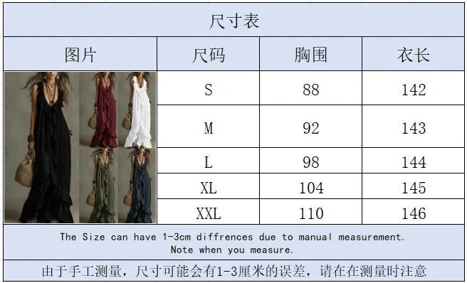 Summer Woman Dress Sleeveless Ruffle Neck Dresses Women's Pleated Maxi Dress V Neck Asymmetrical Hem Boho Dress Layered Ruffles