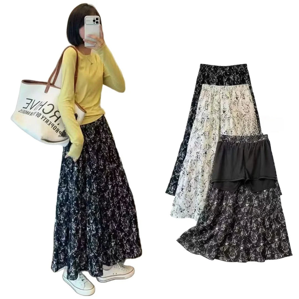 Korean Style Floral Print High Waist Midi Skirt Women's Fashion Slimming Patchwork Full Bloom Long Skirt Spring Summer