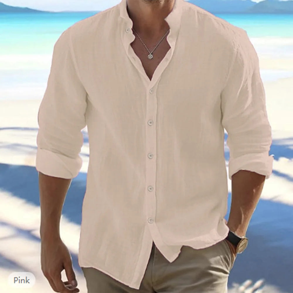 Breathable Cotton Linen Mens Long Sleeve Shirt Solid Color With Stand Up Collar For Summer Beach Style Plus Size