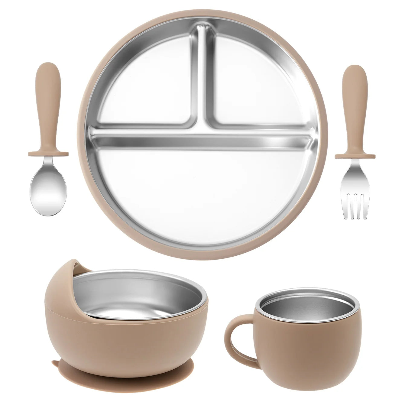 Color Kids Baby Feeding Set 5Pcs Stainless Steel Silicone Tableware For Infants Easy Grip Plates Bowls